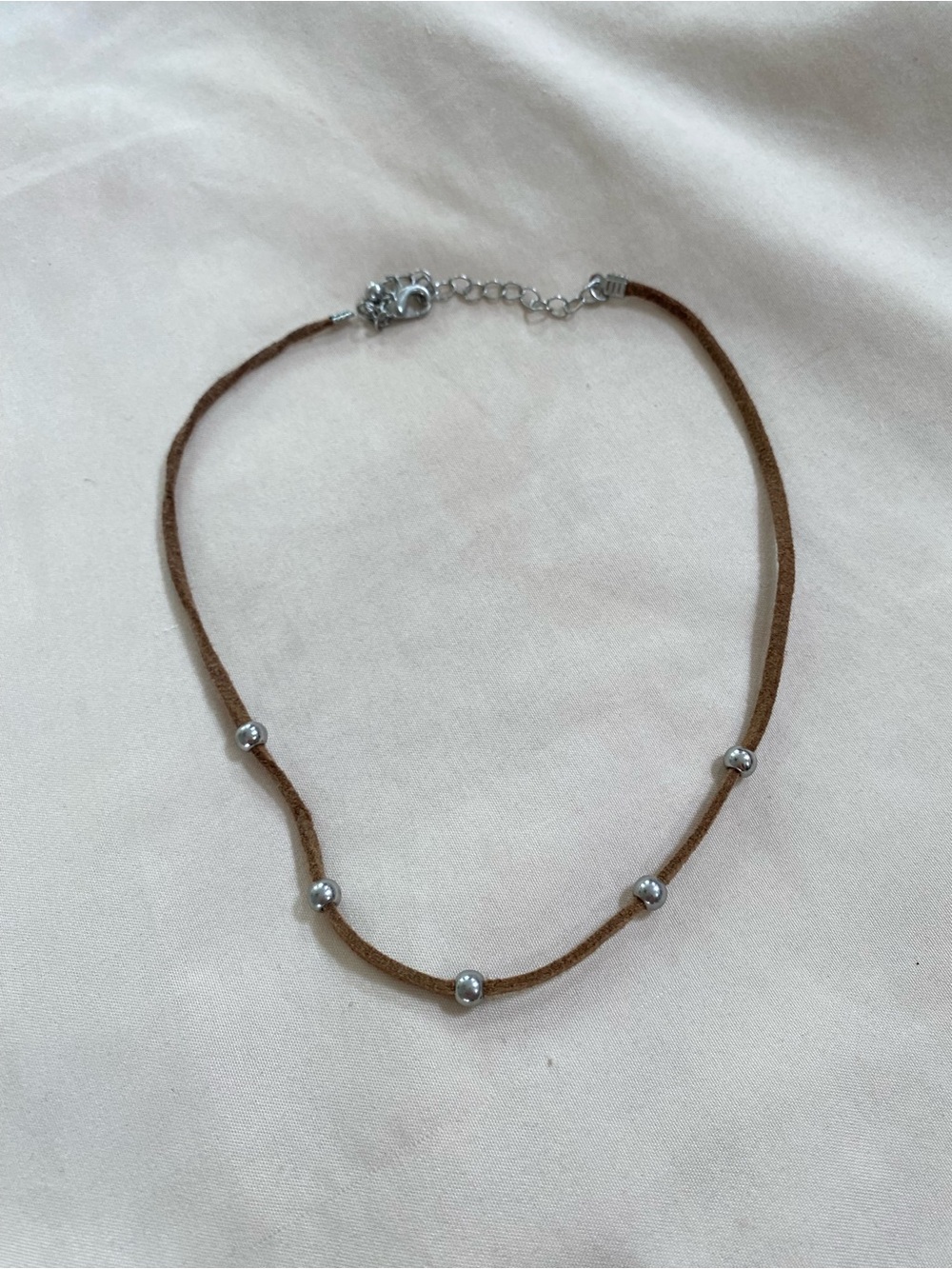 Minimalist Brown Suede Choker Necklace with Silver Beads